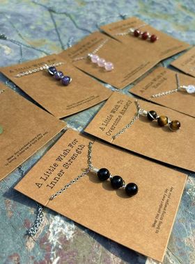 新品欧美流行许愿卡片Wish项链天然水晶圆珠绕线不锈钢链子项链