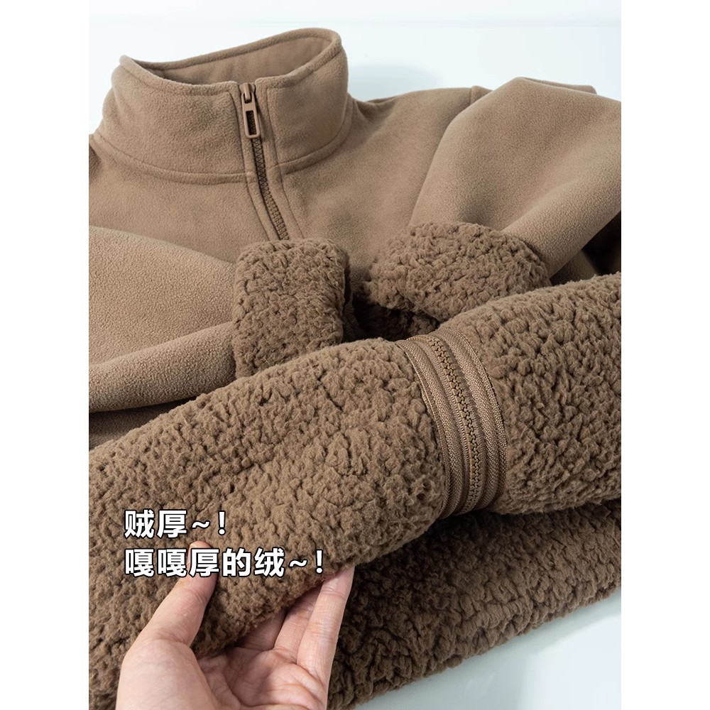 棕色摇粒绒卫衣外套女款2025新款秋冬季美式重磅拉链加绒加厚内搭 - 图2