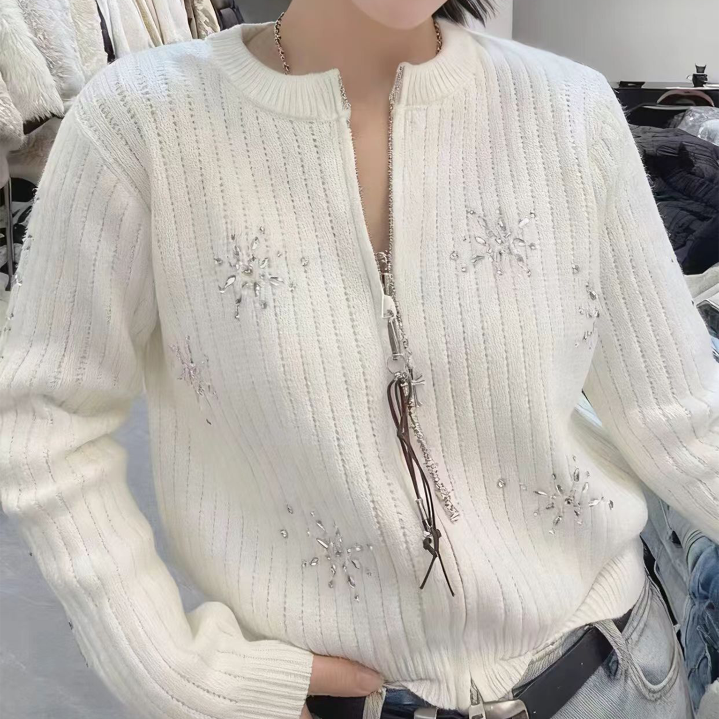 韩系高级感重工烫钻圆领拉链针织开衫女时尚气质百搭显瘦毛衣外套,淘宝优惠券,粉丝福利购,淘宝优惠卷