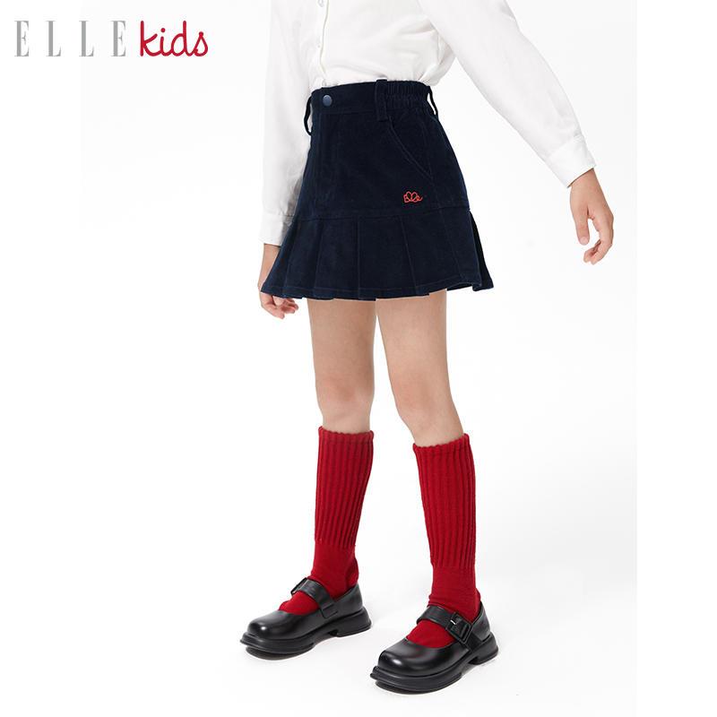 ELLEkids童装 法式复古灯芯绒学院俏皮百褶裙女童秋冬新款裙子*