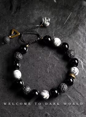 几何新中式火山石串珠手链男个性ins黑色手串女小众暗黑风配饰