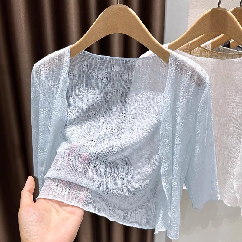 蓝色韩系冰丝网纱短袖防晒开衫女夏洋装外搭短款披肩蕾丝小0413e2
