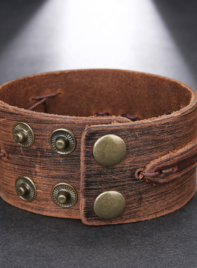 欧美复古真皮扎结宽面手链 时尚简约个性潮酷男女款手链