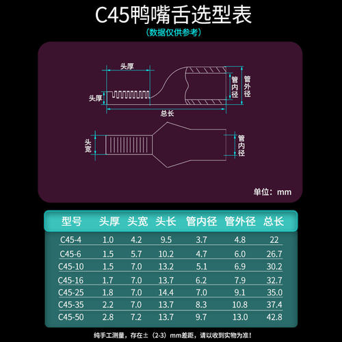 C45断路器鸭嘴鼻铜鼻子 4/6/10/16/25/35/50平方接线端子插针插片 - 图2