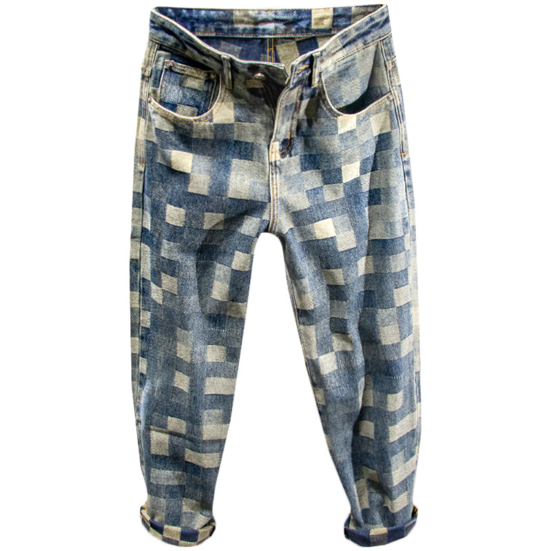 三古木棉高端潮牌大码怀旧复古格子牛仔裤男宽松直筒裤子男春秋,淘宝优惠券,粉丝福利购,淘宝优惠卷