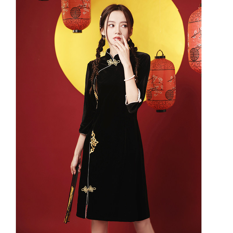 国潮旗袍2021新款秋冬长袖连衣裙 森莞旗袍