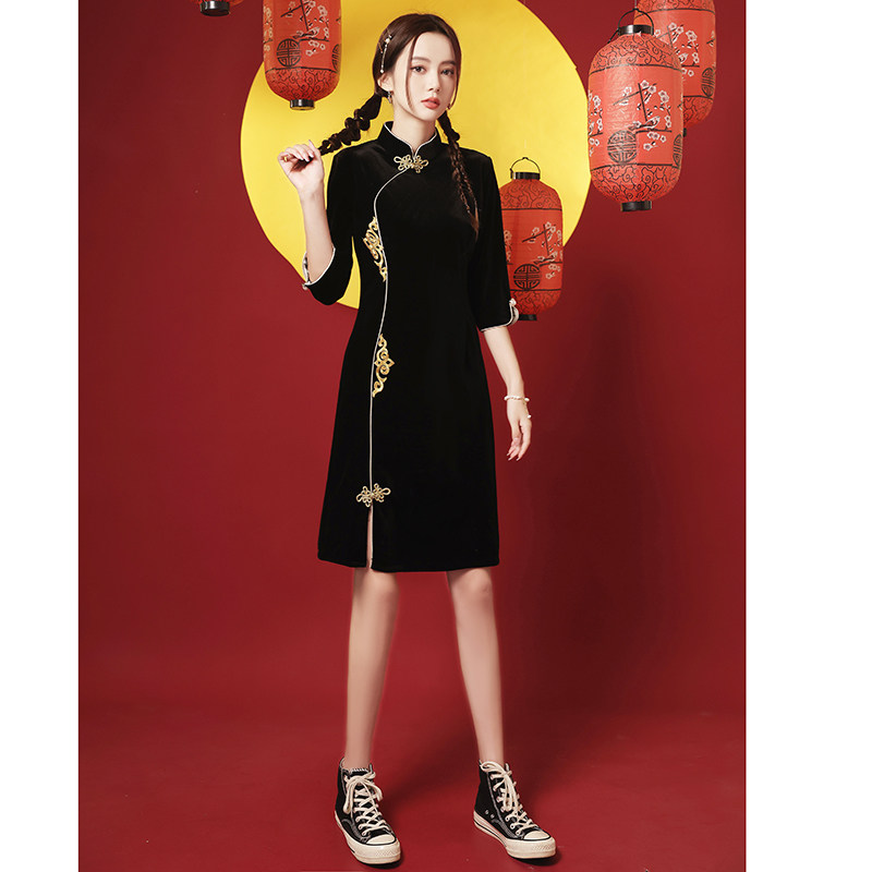 国潮旗袍2021新款秋冬长袖连衣裙 森莞旗袍