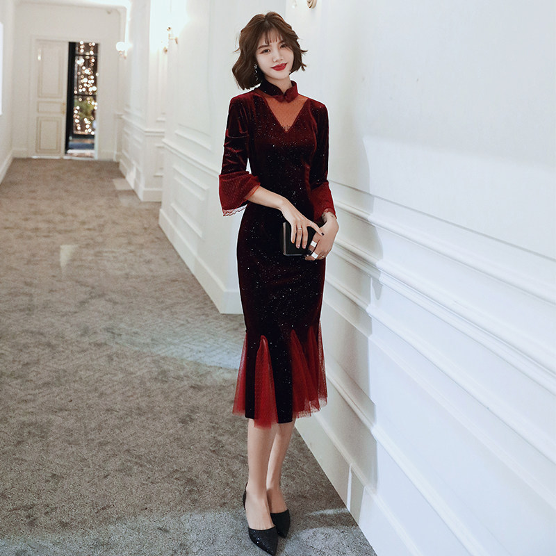 丝绒旗袍改良连衣裙秋冬长袖敬酒服 森莞旗袍