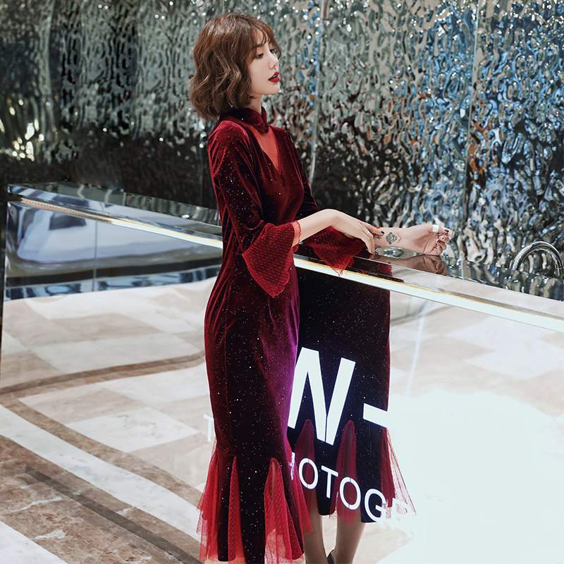 丝绒旗袍改良连衣裙秋冬长袖敬酒服 森莞旗袍