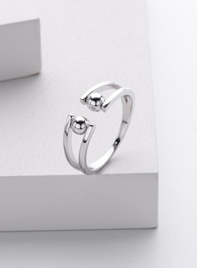 欧美s925纯银戒指开口可调节串珠指环女式高级小众珠旋转戒指