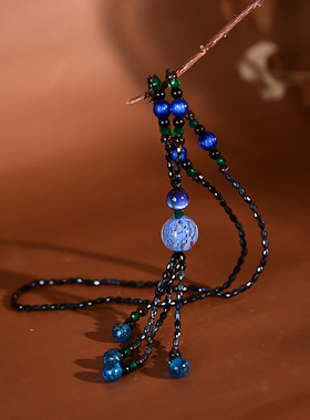 中国风蓝色项链长款汉服新中式清冷仙气毛衣链子流苏串珠高档配饰