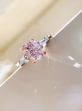 PT950铂金镶嵌进口莫桑石公主方粉钻戒指大气甜美女生指环新款ins