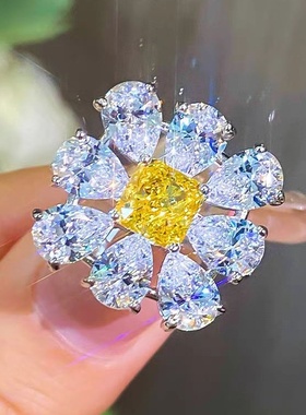 银镀金黄钻花朵戒指新