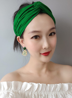 欧美风复古弹力绿色交叉纯棉发带