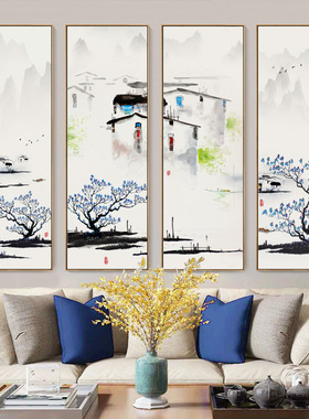 江南水乡客厅挂画新中式沙发背景墙四联装饰画茶室竖版禅意水墨画