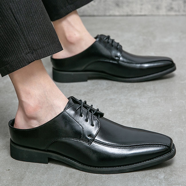 无后跟皮鞋男2025男士靓仔皮鞋半拖皮鞋男鞋尖头一脚蹬皮鞋男黑色 - 图0