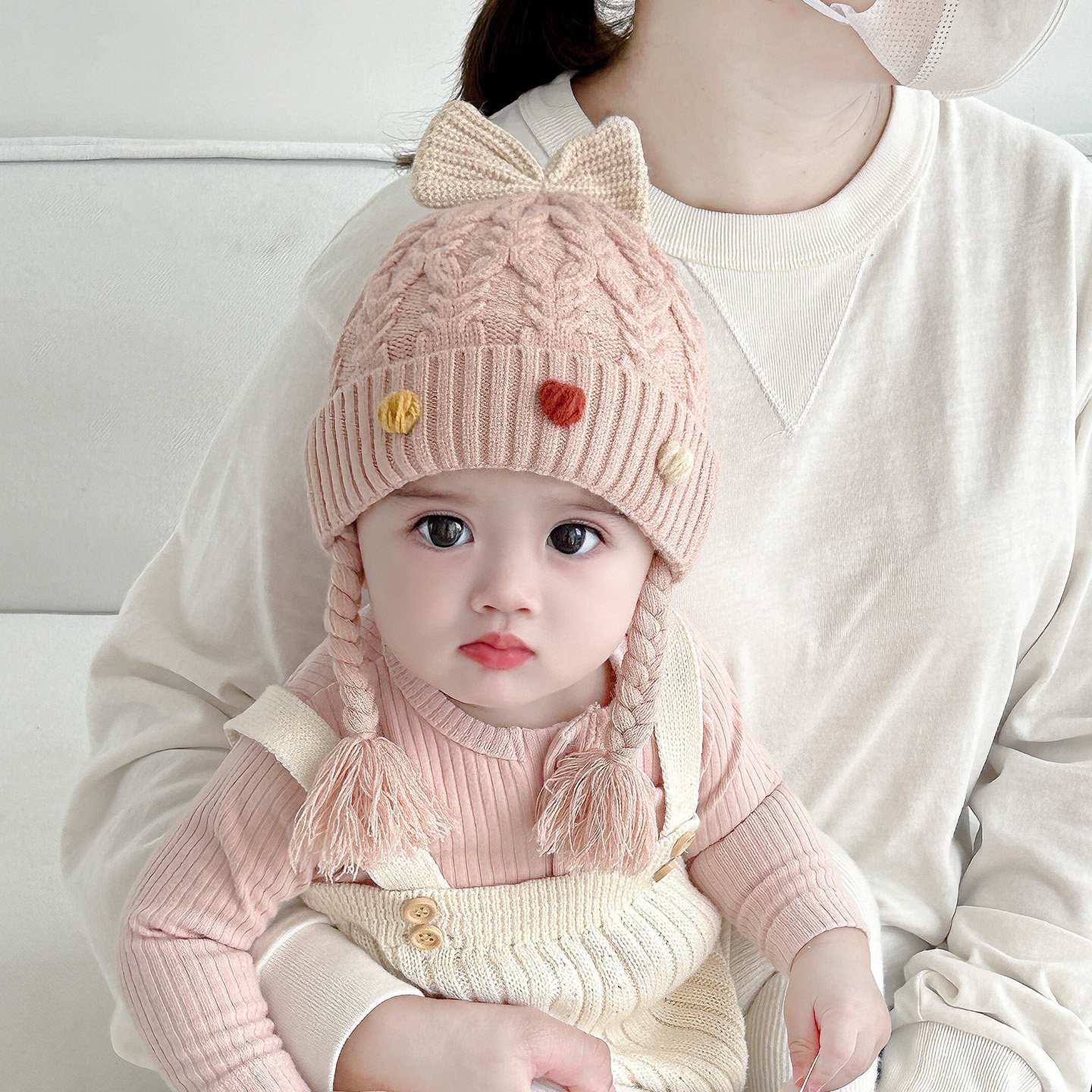 婴儿帽子秋冬季婴幼儿女童辫子针织帽冬天小月龄女宝宝保暖毛线帽,淘宝优惠券,粉丝福利购,淘宝优惠卷