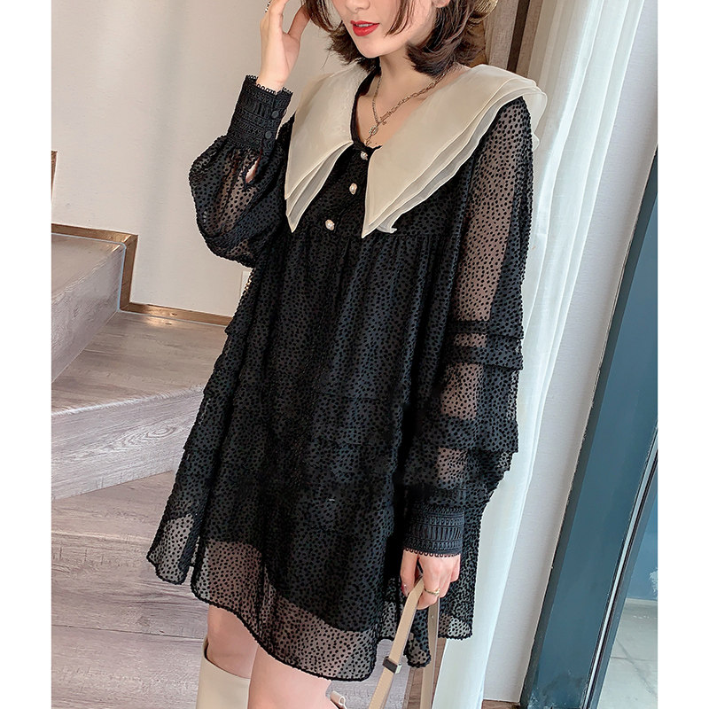 娃娃领长袖胖mm遮肚气质女连衣裙 afka连衣裙