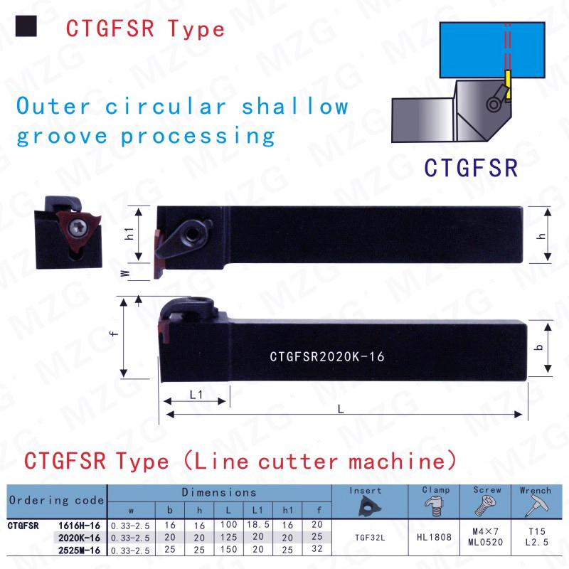 MZG数控外圆切槽刀杆CTGFR/CTGFL/CTGFSR/CTGFSL-1616H16/2020K16-图2