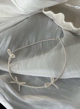 韩系气质少女甜美蝴蝶结项链珍珠手工串珠ins风简约S925锁骨链女