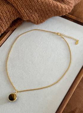 秋冬小众复古美拉德高级虎眼石吊坠长款毛衣链百搭可叠戴轻奢项链