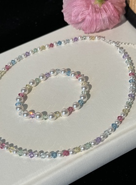 夏季糖果色系多彩施家水晶珍珠项链手链简约百搭甜美清新风锁骨链