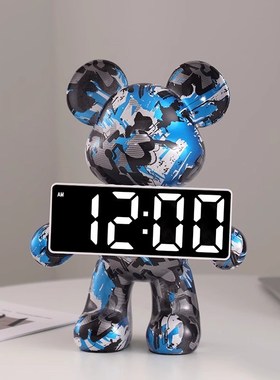 创意暴力熊时钟摆件客厅桌面轻奢高档装J饰数字钟表摆台式电子闹