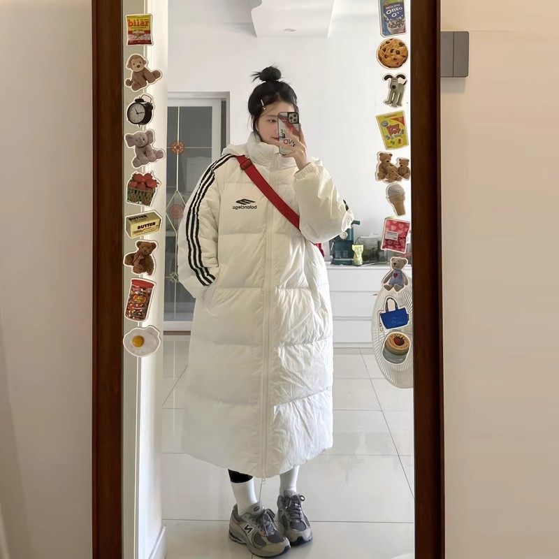 超好看三条杠长款连帽羽绒棉袄女2025冬季新款韩版宽松洋气面包服,淘宝优惠券,粉丝福利购,淘宝优惠卷