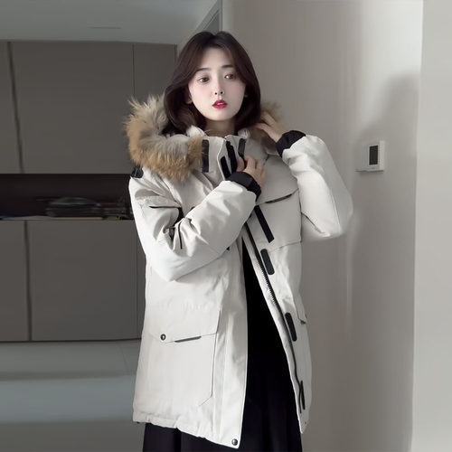 韩国情侣工装白鸭绒外套男女冬加厚2025年新款宽松户外派克羽绒服 - 图2