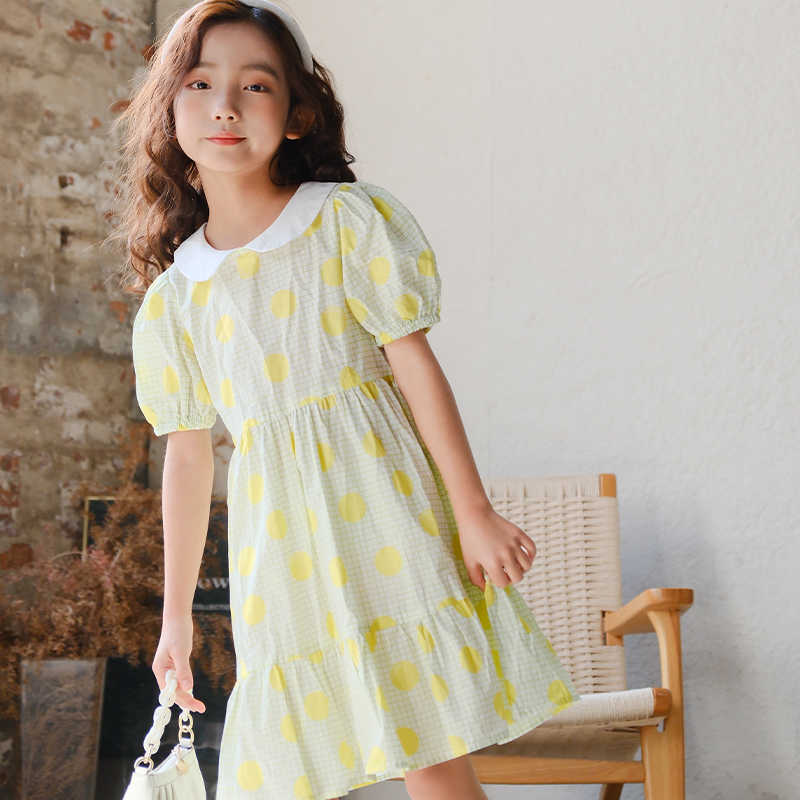 青蛙王子童装女童中大童连衣裙夏季收腰裙子女孩甜美印花纯棉长裙 - 图1