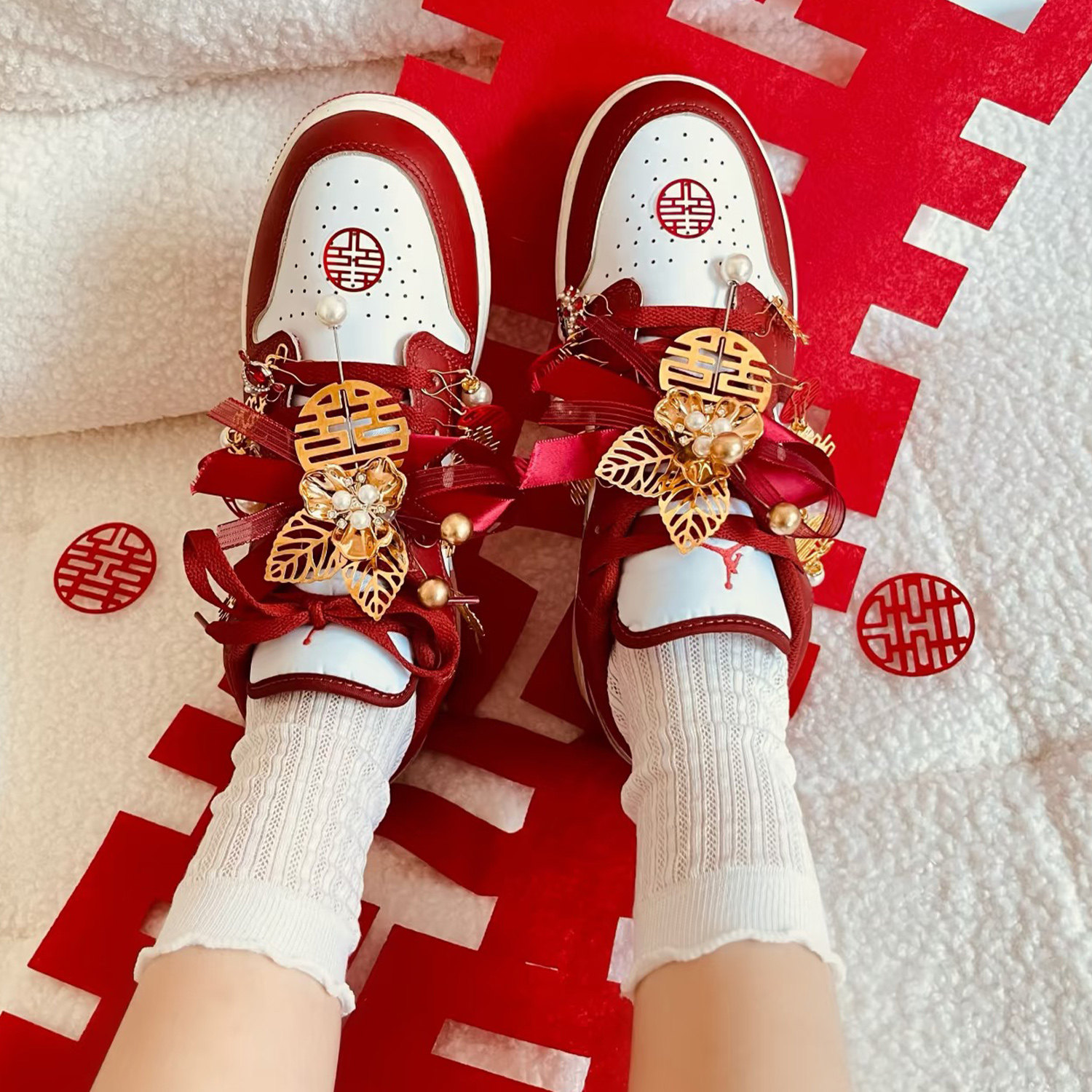 婚鞋配饰Aj鞋带红色结婚装饰挂件DIY配饰丝绸鞋带喜字鞋扣可拆卸,淘宝优惠券,粉丝福利购,淘宝优惠卷