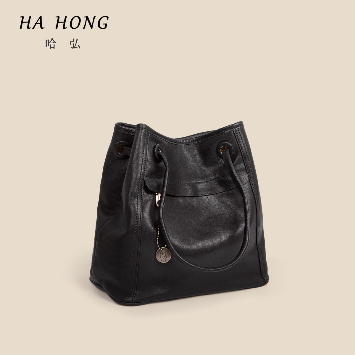 Hahong first-layer cowhide classic large-capacity armpit bag bucket bag new retro commuter tote bag lazy and relaxed