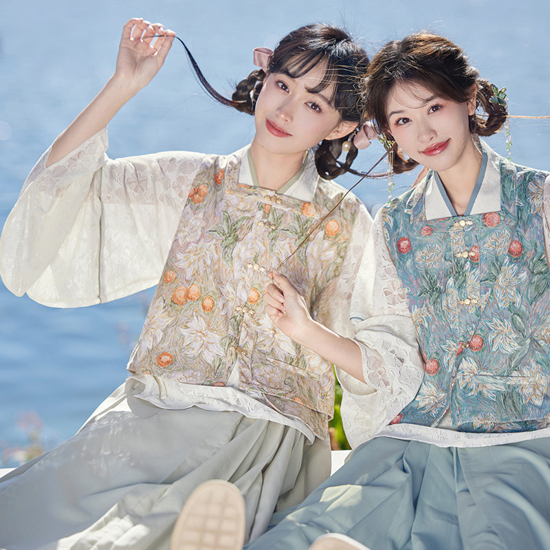 七月夕原创汉服春日来信双色交领短衫印花短比甲改良马面裙女_虎窝淘