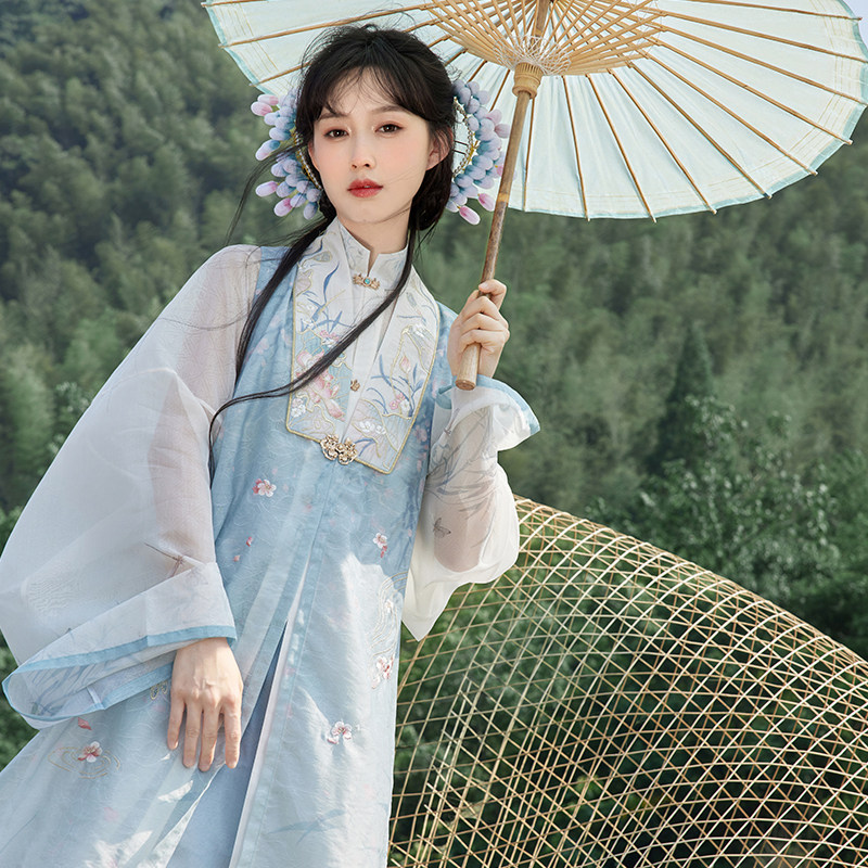 七月夕原创花自飘零明制汉服立领长衫绣花比甲马面裙女套装夏季_虎窝淘