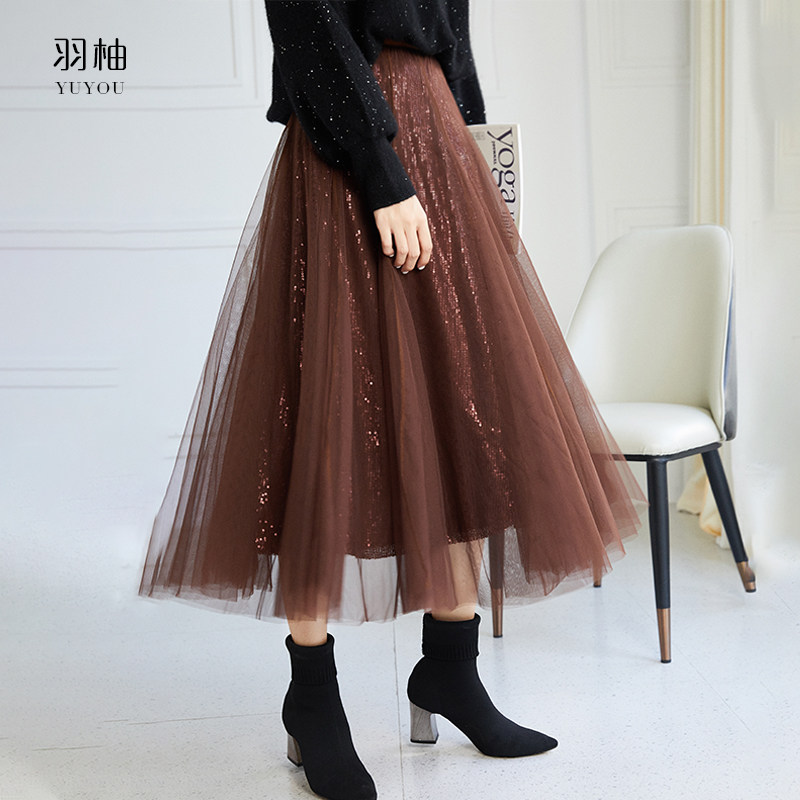 低调暗暗闪遮胯显瘦亮片子女网纱裙 羽柚半身裙