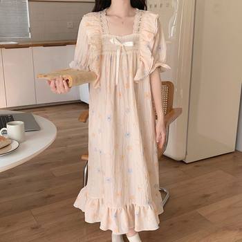 ຊຸດນອນສຳລັບແມ່ຍິງ summer cotton gauze short-sleeved Japanese plaid cute star dress mid-length women's summer home wear