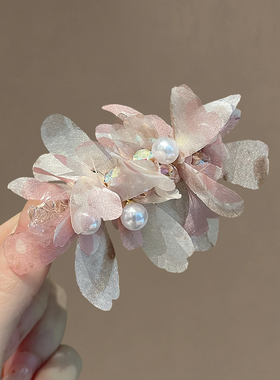 渐变粉纱花朵珍珠发夹温柔气质少女侧边夹碎发刘海夹精致百搭发饰