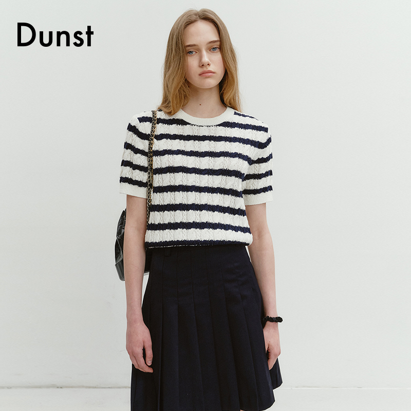 Dunst2024夏季新品棉质麻花纹针织衫女条纹修身短袖半袖UDSW4B225-图0