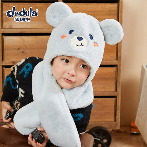嘟嘟啦卡通儿童毛绒帽男女宝宝护耳帽围巾一体加厚套头帽防风厚寒 - 图0