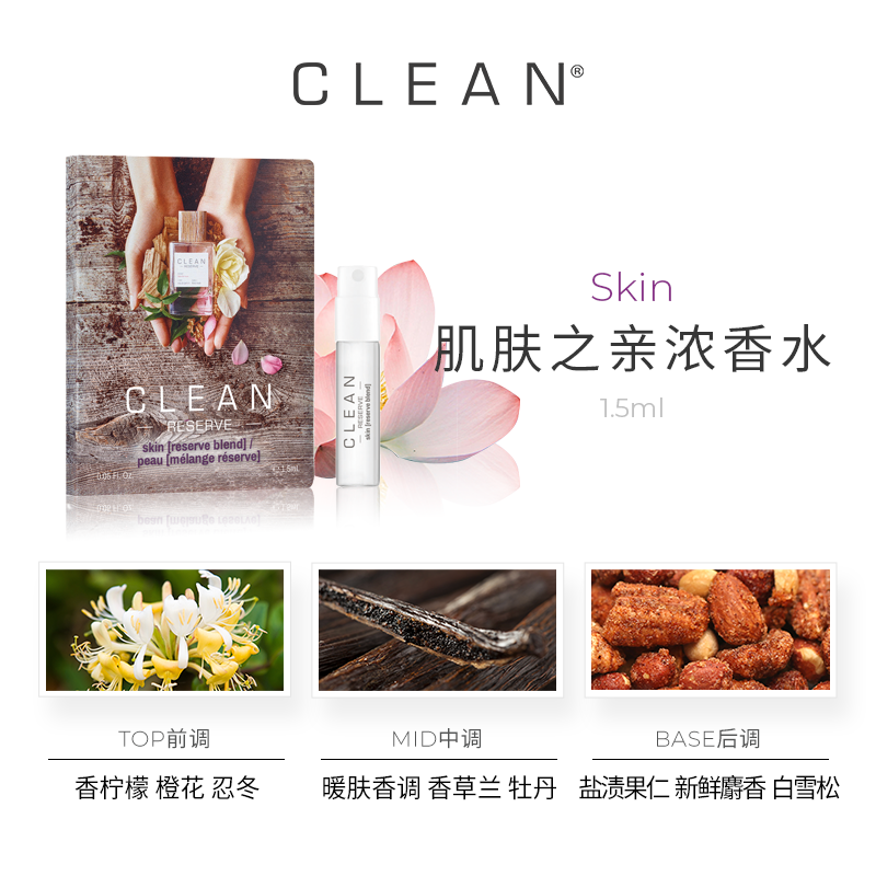 【4支99元】clean香水小样1.5ml蜜境初桃春意暖棉赠回购券 - 图1