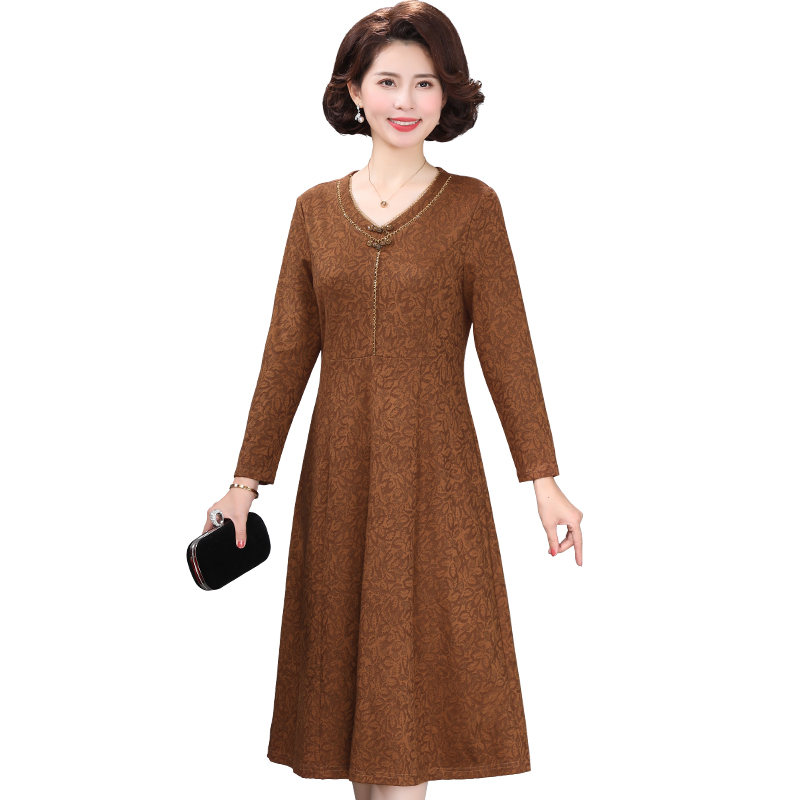 贵夫人中式V领貂绒连衣裙女2025新款气质妈妈春秋打底显瘦过膝裙