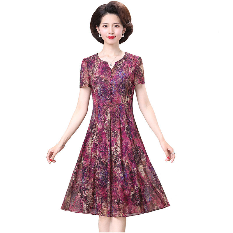 台湾网纱短袖弹力夏季50岁连衣裙 妍淑俪中老年女装