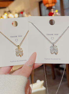 新款锆石幸运四叶花钛钢项链女简约气质时尚猫眼石吊坠锁骨链