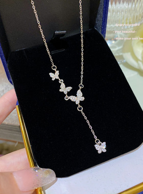 超仙满钻蝴蝶流苏项链女小众设计感毛衣链气质时尚百搭优雅锁骨链