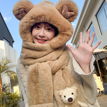 Small Bear Hat Children Winter Warm Scarves integrated with hat Han version 100 lap cute glove Neck Fleece three sets