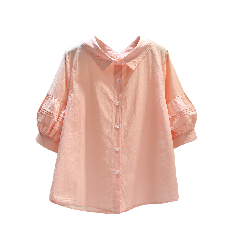 浅粉色泡泡短袖衬衫一字领褶皱设计棉布衬衣女夏季韩范小清新上衣-图3