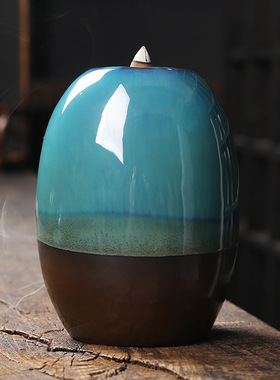 跨境陶瓷倒流香炉创意蓝色窑变高山流水烟回流香薰炉家居摆件饰品