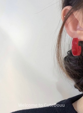 CuteDouu 半圈樱桃 银针s925显白红色复古C型耳钉 甜美少女感耳饰