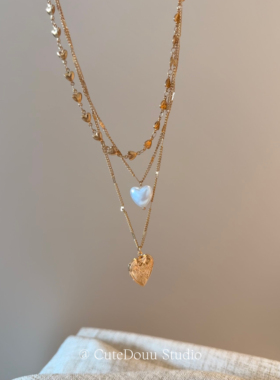 CuteDouu 中古格调 vintage复古感做旧多层叠带爱心项链锁骨链女