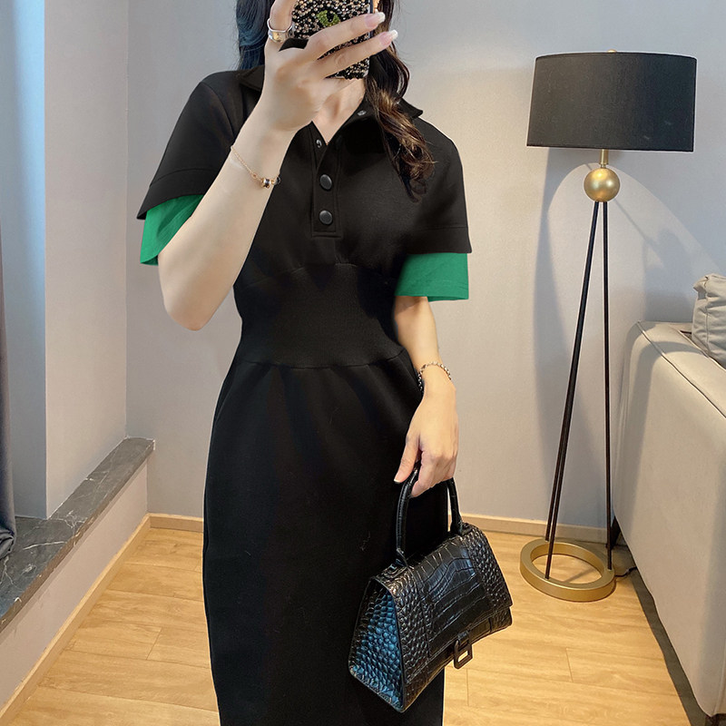 黑色v领收腰夏季高级感长款连衣裙 紫陌悠连衣裙